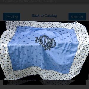 Authentic Dior White and Light Blue Polka Dot Silk Scarf with Black Emblem